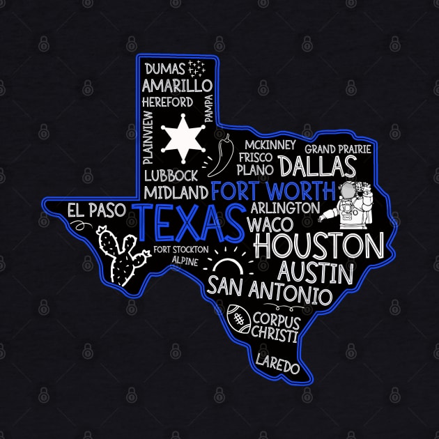 Fort Worth Texas cute map San Antonio Austin El Paso Dallas TX state by BoogieCreates